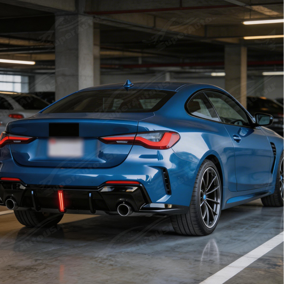 Full rear 3/4 view of a 2023 BMW M440i Coupe featuring the SuperAutoUSA LED diffuser kit