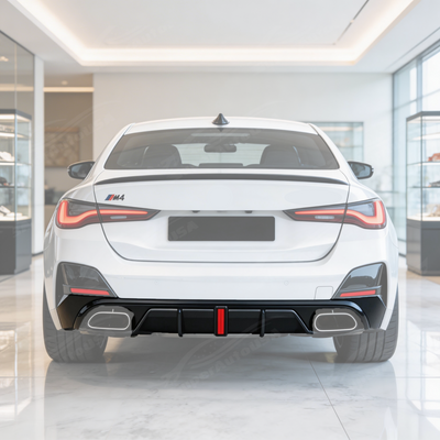 SuperAutoUSA gloss black rear diffuser with integrated LED brake light on a 2021 BMW G26 4 Series