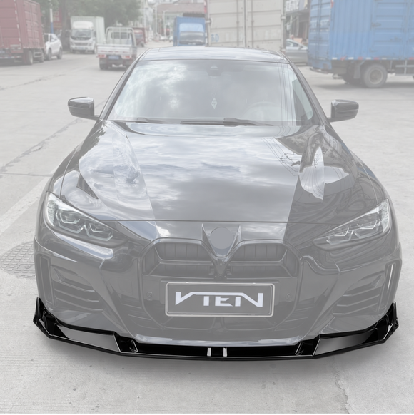 SuperAutoUSA VTEN style gloss black front bumper lip splitter installed on a 2021-2027 BMW 4-Series G26 Gran Coupe