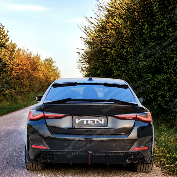 Full rear view of a BMW G26 with VTEN dual exhaust diffuser, LED, and splitters