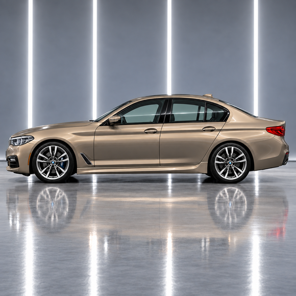 Direct side profile showcasing the sculpted M5-inspired body lines and widened lower rocker stance on a G30