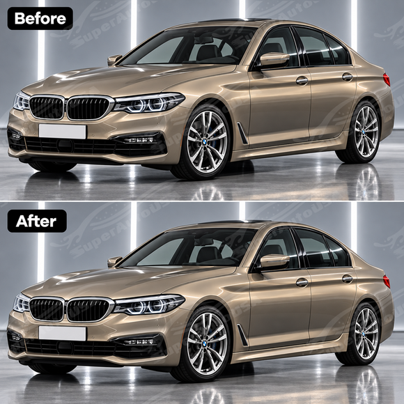Visual side-by-side comparison between the flatter OEM standard G30 rocker panel and the flared M5 style replacement