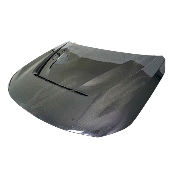 Uninstalled AP style real carbon fiber engine hood, top view