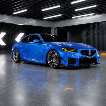 VTEN style gloss black front bumper canards by SuperAutoUSA installed on a 2023 BMW M2 G87
