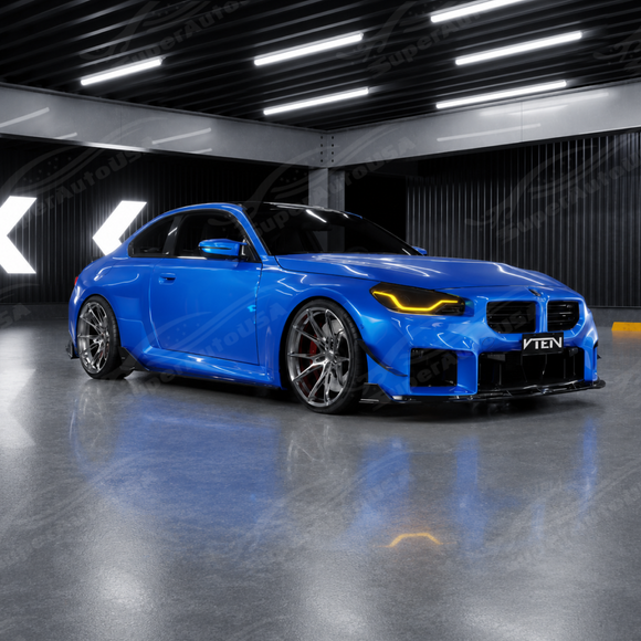 VTEN style gloss black front bumper canards by SuperAutoUSA installed on a 2023 BMW M2 G87