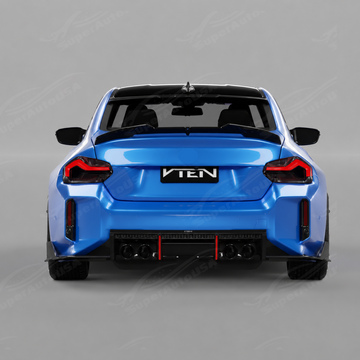 VTEN style gloss black rear diffuser with integrated LED brake light by SuperAutoUSA installed on a 2023 BMW M2 G87