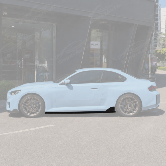 VTEN style gloss black side skirt extensions by SuperAutoUSA installed on a 2023 BMW M2 G87