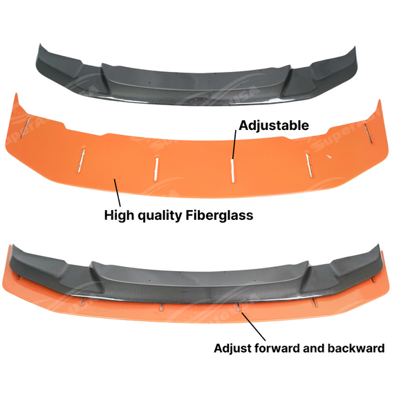 The uninstalled SuperAutoUSA real carbon fiber and fiberglass GTS style front lower bumper splitter lip car assembly, highlighting the construction and design