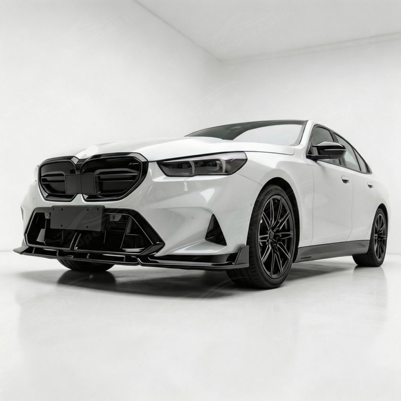 BMW M5 G90 with new SuperAutoUSA gloss black front lip parked in a detailing studio