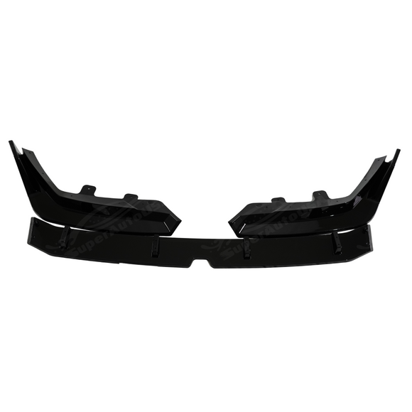 Standalone view of the uninstalled SuperAutoUSA gloss black front bumper lip for BMW M5 G90