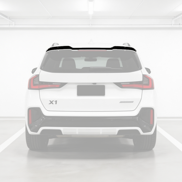 Gloss black rear roof spoiler wing installed on a 2023 BMW X1 U11
