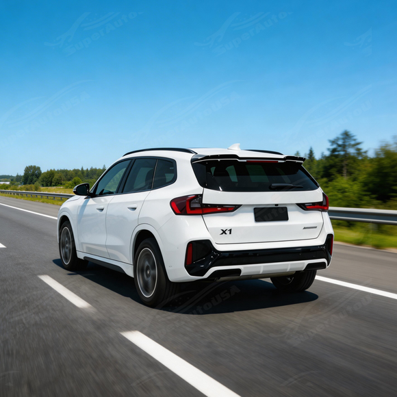 Direct rear view of the aerodynamic gloss black roof spoiler for 2023-2026 BMW X1