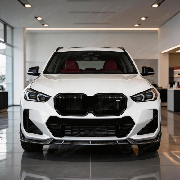 2024 BMW X1 in motion highlighting the aerodynamic profile of the SuperAutoUSA front splitter