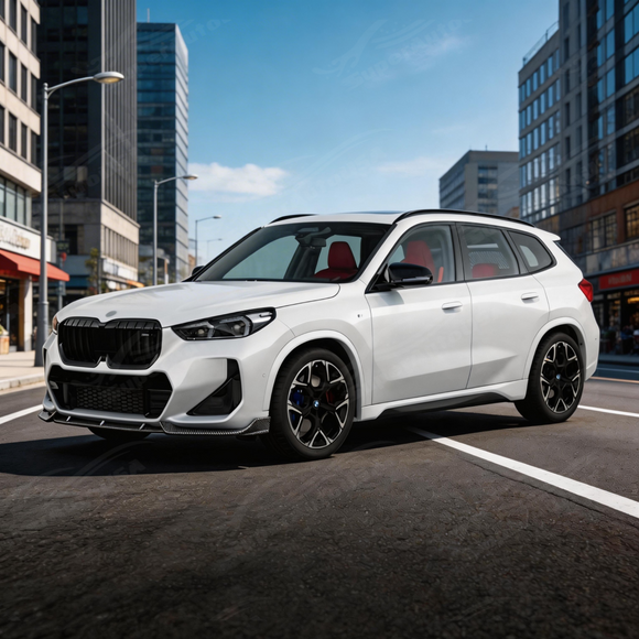 BMW X1 U11 with new SuperAutoUSA carbon fiber print front lip parked in a detailing studio
