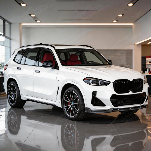 Full 3/4 view of a 2024 BMW X1 featuring the SuperAutoUSA carbon fiber print front lip kit