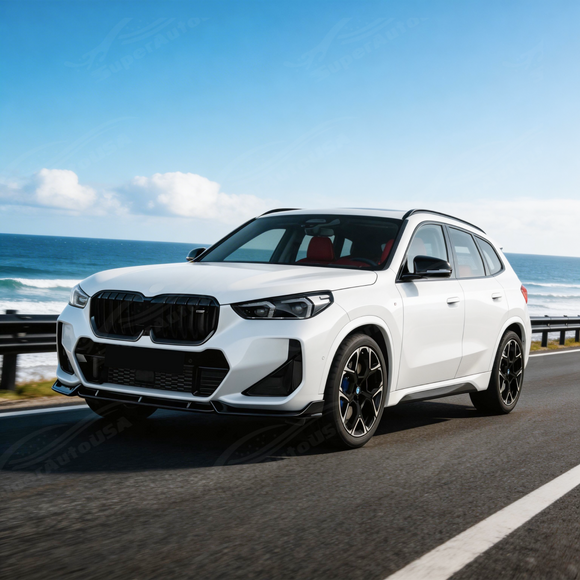 Direct front-facing view of the SuperAutoUSA aerodynamic gloss black splitter for 2023-2026 BMW X1