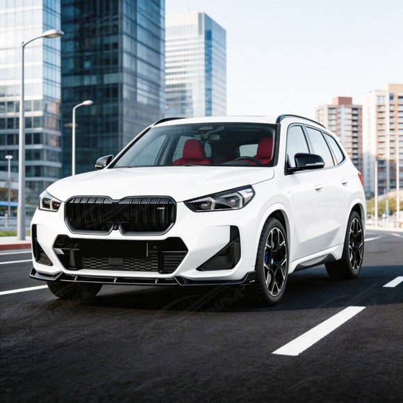 2024 BMW X1 in motion highlighting the aerodynamic profile of the SuperAutoUSA front splitter