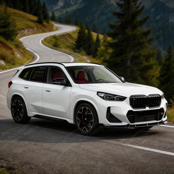 Full 3/4 view of a 2024 BMW X1 featuring the SuperAutoUSA gloss black front lip kit