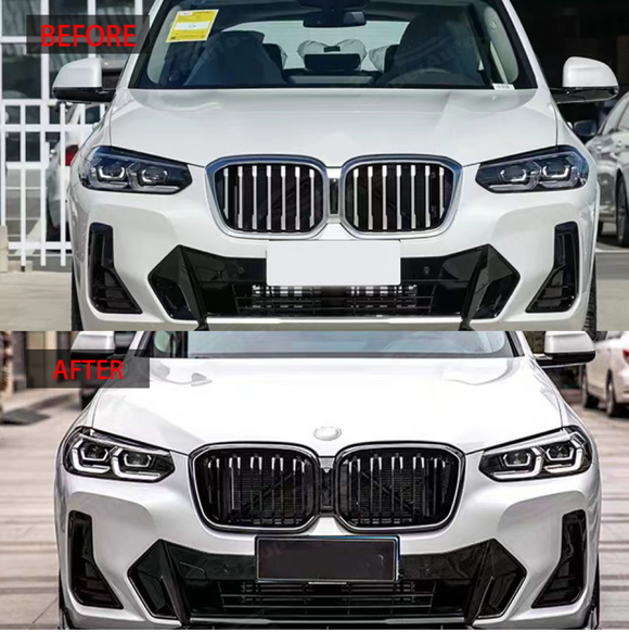 Close-up of the integrated LED light strip and mirror-finish gloss black on the SuperAutoUSA X3 grille