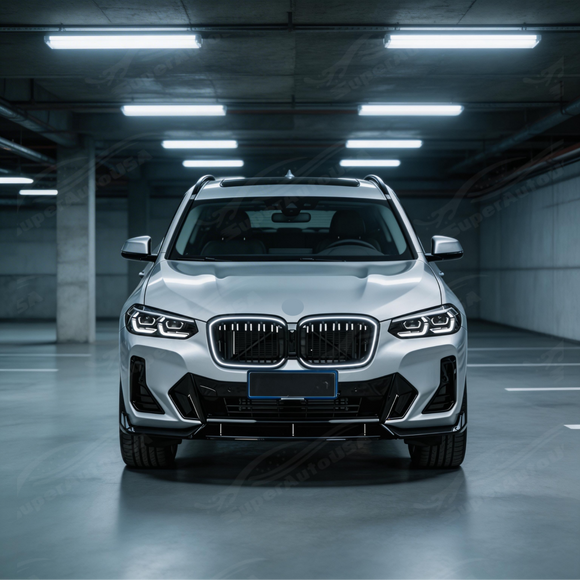 Detailed shot of the UV-resistant high-gloss black coating on the SuperAutoUSA X3 kidney grille