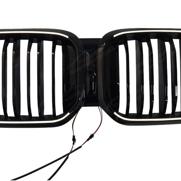 Direct front-facing view of the SuperAutoUSA gloss black illuminated kidney grille for 2017-2024 BMW X3