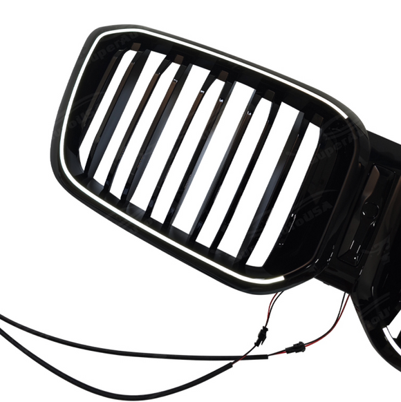 Standalone view of the uninstalled SuperAutoUSA gloss black illuminated grille for BMW X3 G01