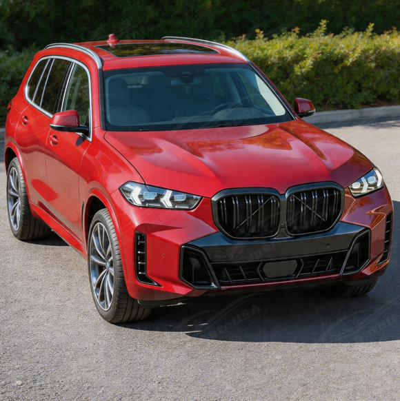 Gloss black double slat grille providing a sporty contrast on a Brooklyn Grey BMW X5 LCI
