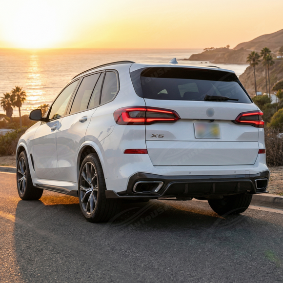 Full rear 3/4 view of a 2021 BMW X5 M50i featuring the SuperAutoUSA real carbon fiber diffuser