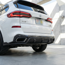 Low angle shot showing the aggressive aerodynamic fins of the SuperAutoUSA X5 rear diffuser