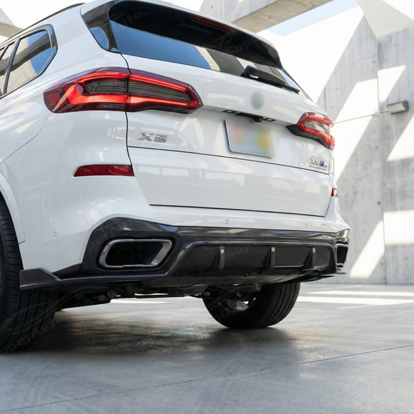 Low angle shot showing the aggressive aerodynamic fins of the SuperAutoUSA X5 rear diffuser
