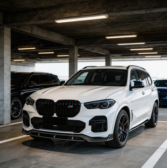 SuperAutoUSA real carbon fiber front bumper lip installed on a 2019 BMW X5 G05 M-Sport