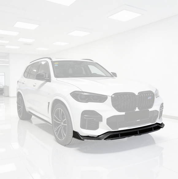Direct front-facing view of the SuperAutoUSA authentic carbon fiber splitter for 2019-2023 BMW X5 M-Sport
