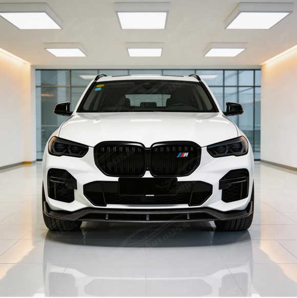 Full 3/4 view of a 2022 BMW X5 M50i featuring the SuperAutoUSA real carbon fiber front lip kit
