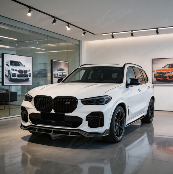 Real carbon fiber lip providing sharp luxury contrast on an Alpine White BMW X5 G05 M-Sport