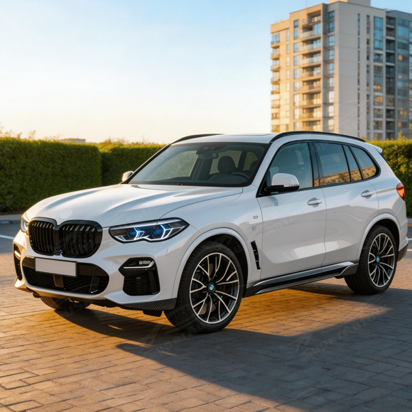 Full side-view perspective of a BMW X5 G05 featuring SuperAutoUSA real carbon fiber rocker trim