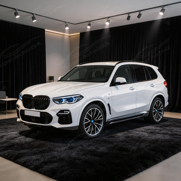 Real carbon fiber side skirts providing sharp luxury contrast on an Alpine White BMW X5