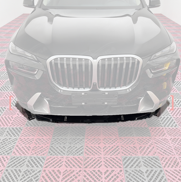 SuperAutoUSA gloss black front bumper lip splitter installed on a 2023 BMW X7 G07 LCI