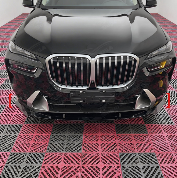 Full front 3/4 perspective of a 2024 BMW X7 M60i featuring the SuperAutoUSA gloss black front lip