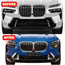 Low angle shot highlighting the aggressive ground-hugging profile of the SuperAutoUSA X7 front splitter