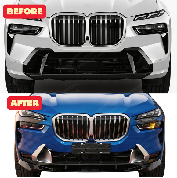 Low angle shot highlighting the aggressive ground-hugging profile of the SuperAutoUSA X7 front splitter