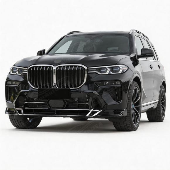 SuperAutoUSA GT style gloss black front bumper lip installed on a 2023 BMW X7 G07 LCI