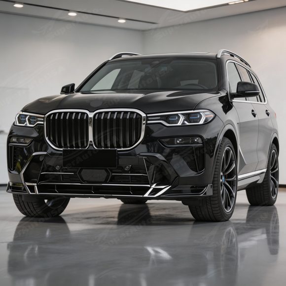 Precision SuperAutoUSA fitment along the lower bumper lines of a 2025 BMW X7 G07 facelift
