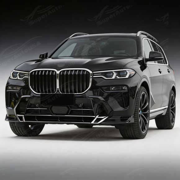 Full front 3/4 perspective of a 2024 BMW X7 featuring the SuperAutoUSA GT style front lip