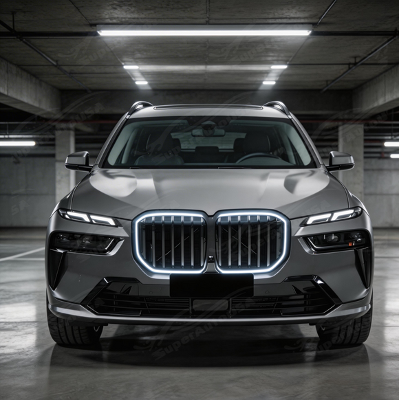 Detailed shot of the UV-resistant high-gloss black coating on the SuperAutoUSA X7 kidney grille