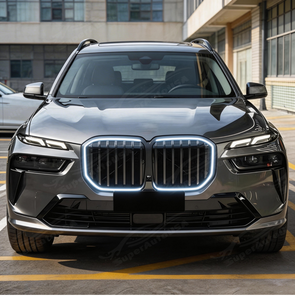 Full front 3/4 view of a 2024 BMW X7 M60i featuring the SuperAutoUSA glowing single-piece grille