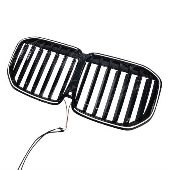 Standalone view of the uninstalled SuperAutoUSA gloss black illuminated single grille for BMW X7