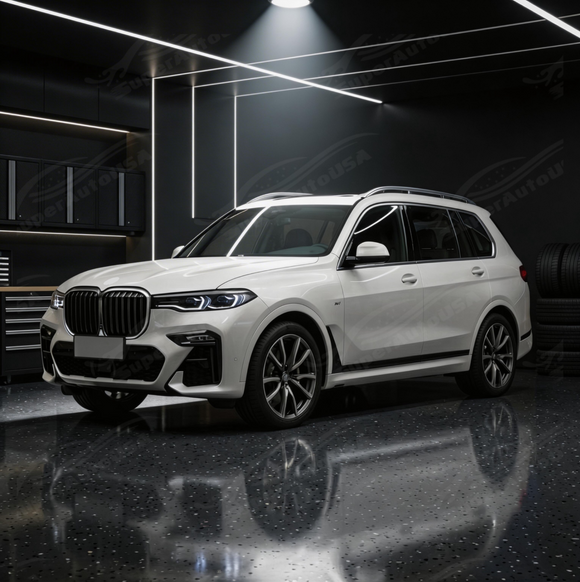 Direct front view of the SuperAutoUSA XM style gloss black replacement grille for 2019-2022 BMW X7