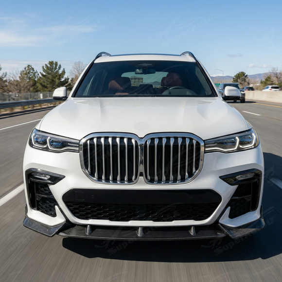 Direct front view of the SuperAutoUSA authentic double-sided carbon fiber splitter for 2019-2022 X7
