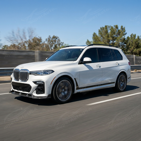 Full 3/4 view of a 2021 BMW X7 M50i featuring the SuperAutoUSA real carbon fiber lip kit