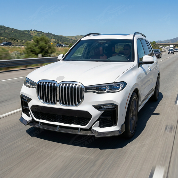 SuperAutoUSA real carbon fiber lip providing luxury contrast on a Mineral White BMW X7